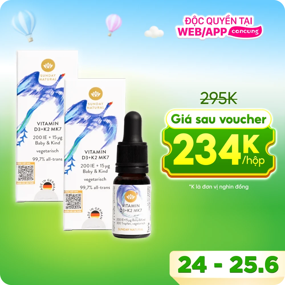 Combo 2 Thực phẩm bảo vệ sức khỏe Vitamin D3+K2 MK7 200IE + 15ug Baby&Kind Sunday Natural