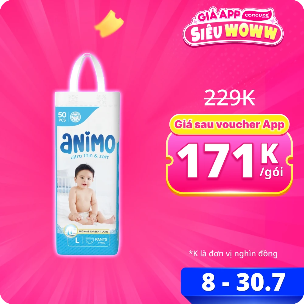 Tã Quần Animo Siêu Mềm Thoáng (L, 50 miếng)