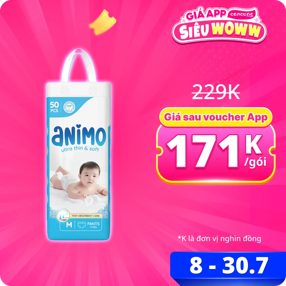 Tã Quần Animo Siêu Mềm Thoáng (M, 50 miếng)