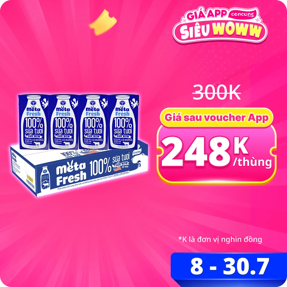 Thùng sữa tươi có đường bổ sung sữa non Metafresh 110ml, lốc 4 hộp