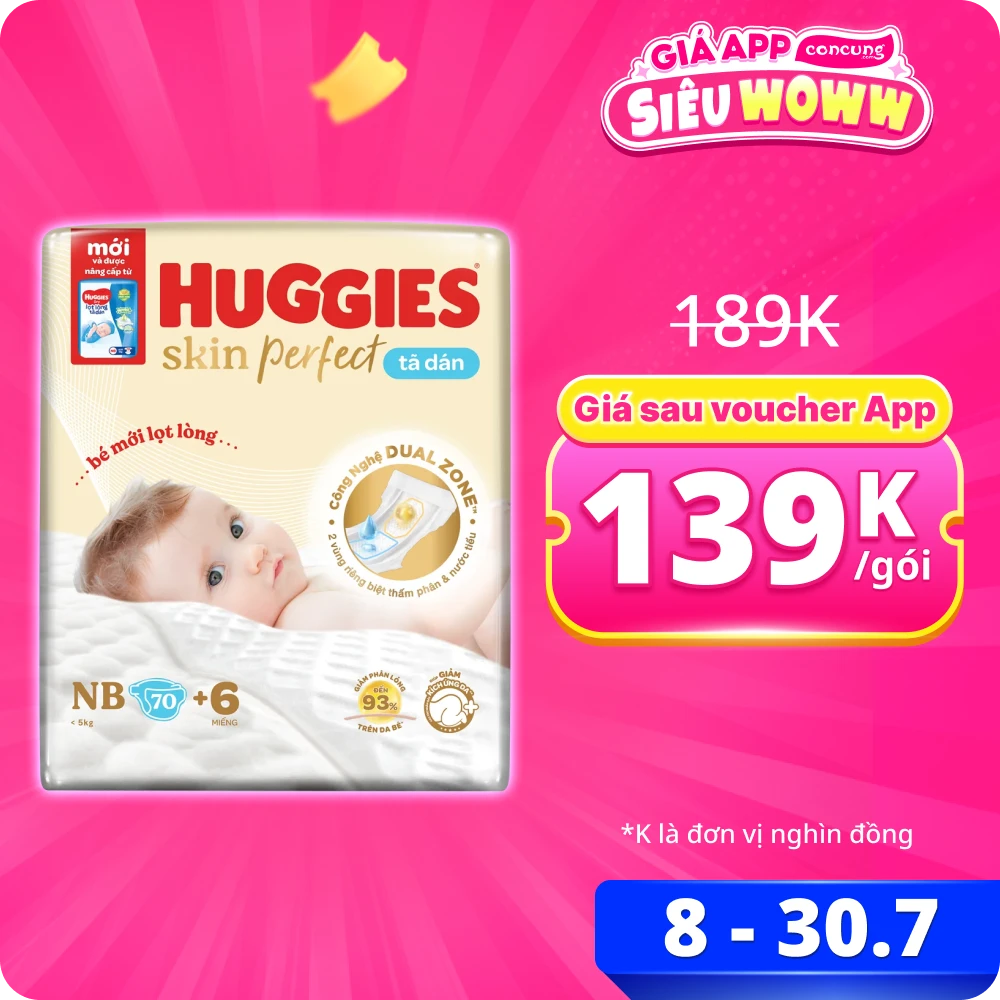 Tã dán lọt lòng Huggies Skin Perfect (Newborn, dưới 5kg, 70 miếng) (giao bao bì ngẫu nhiên)