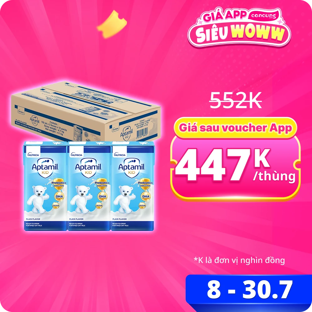 Thùng Sữa dinh dưỡng pha sẵn Aptamil Kid 110ml, lốc 3 hộp (Từ 1 tuổi)