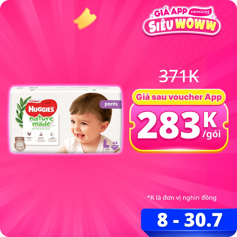 Bỉm tã quần Huggies Platinum Nature Made L size 44 miếng (9-14kg) (giao bao bì ngẫu nhiên)