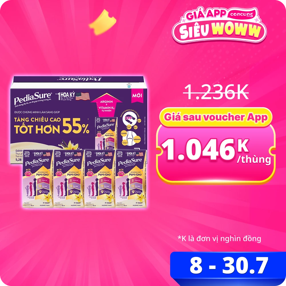 Thùng Thực phẩm dinh dưỡng y học cho trẻ 1-10 tuổi: Pediasure hương vani (110ml) (Lốc 4)