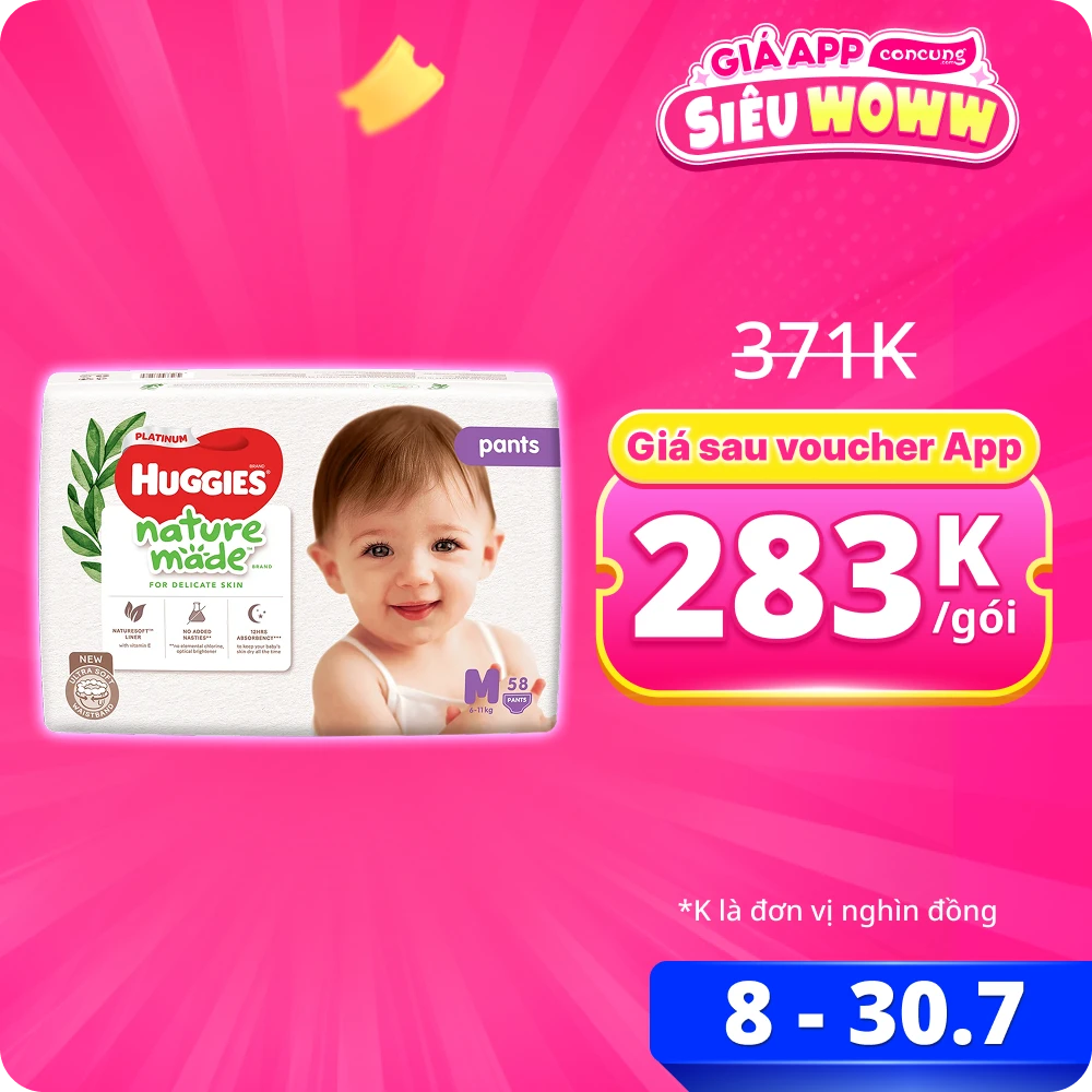 Bỉm tã quần Huggies Platinum Nature Made M size 58 miếng (6-11kg) (giao bao bì ngẫu nhiên)