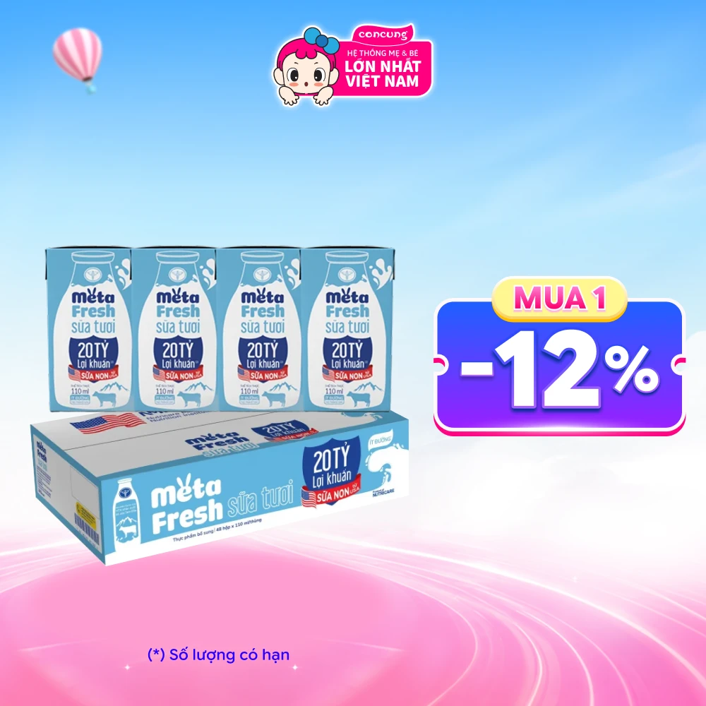 Combo 12 Sữa Tươi Tiệt Trùng MetaFresh Lợi Khuẩn 110ml (lốc 4 hộp)
