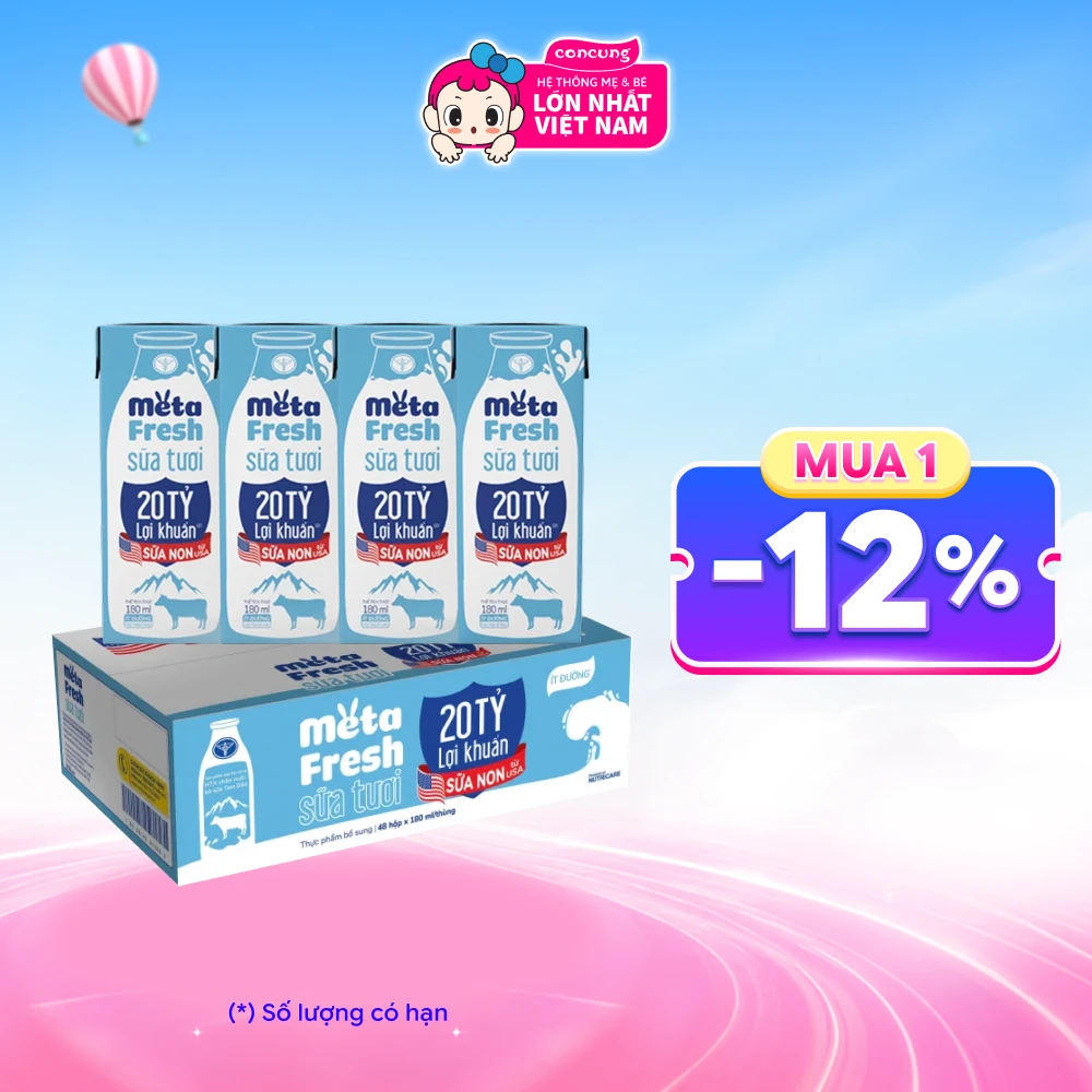 Combo 12 Sữa Tươi Tiệt Trùng MetaFresh Lợi Khuẩn 180ml (lốc 4 hộp)