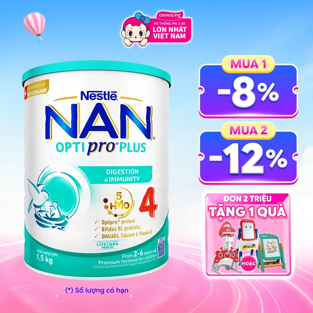 Sữa Nan Optipro PLUS 4 1.5kg, với 5HMO, Công thức từ Thụy Sĩ (2-6 tuổi) (Giao bao bì ngẫu nhiên)