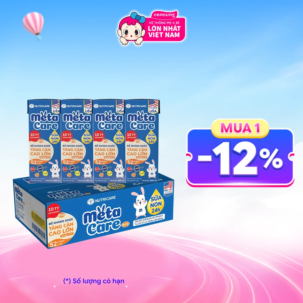 Thùng Sữa dinh dưỡng pha sẵn MetaCare Eco 180ml, Lốc 4 hộp (Từ 1 tuổi)
